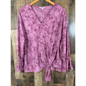 Juicy Couture Top Women Sz L Pink Tie Dye V-Neck Long Sleeve Ruffle Blouse